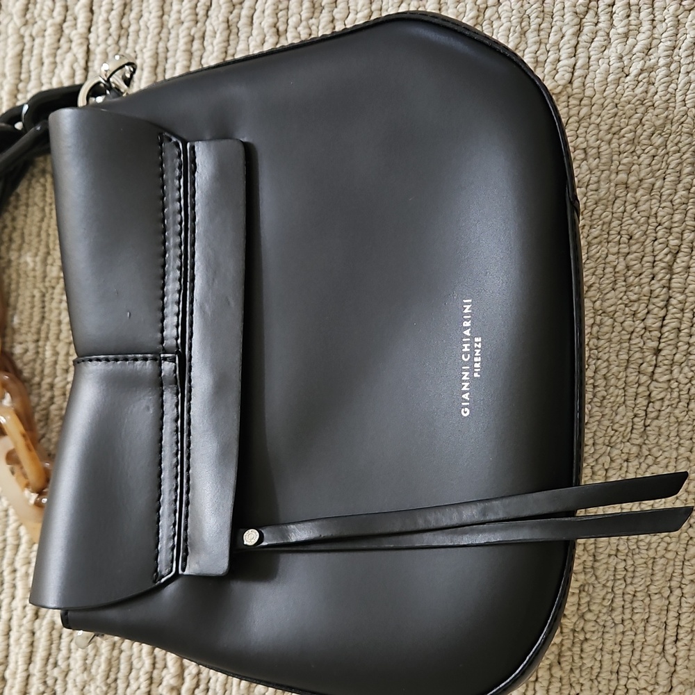 Gianni Chiarini Helena Round Black Crossbody Bag with Wide Brown-Trim Strap - Picture 12 of 16